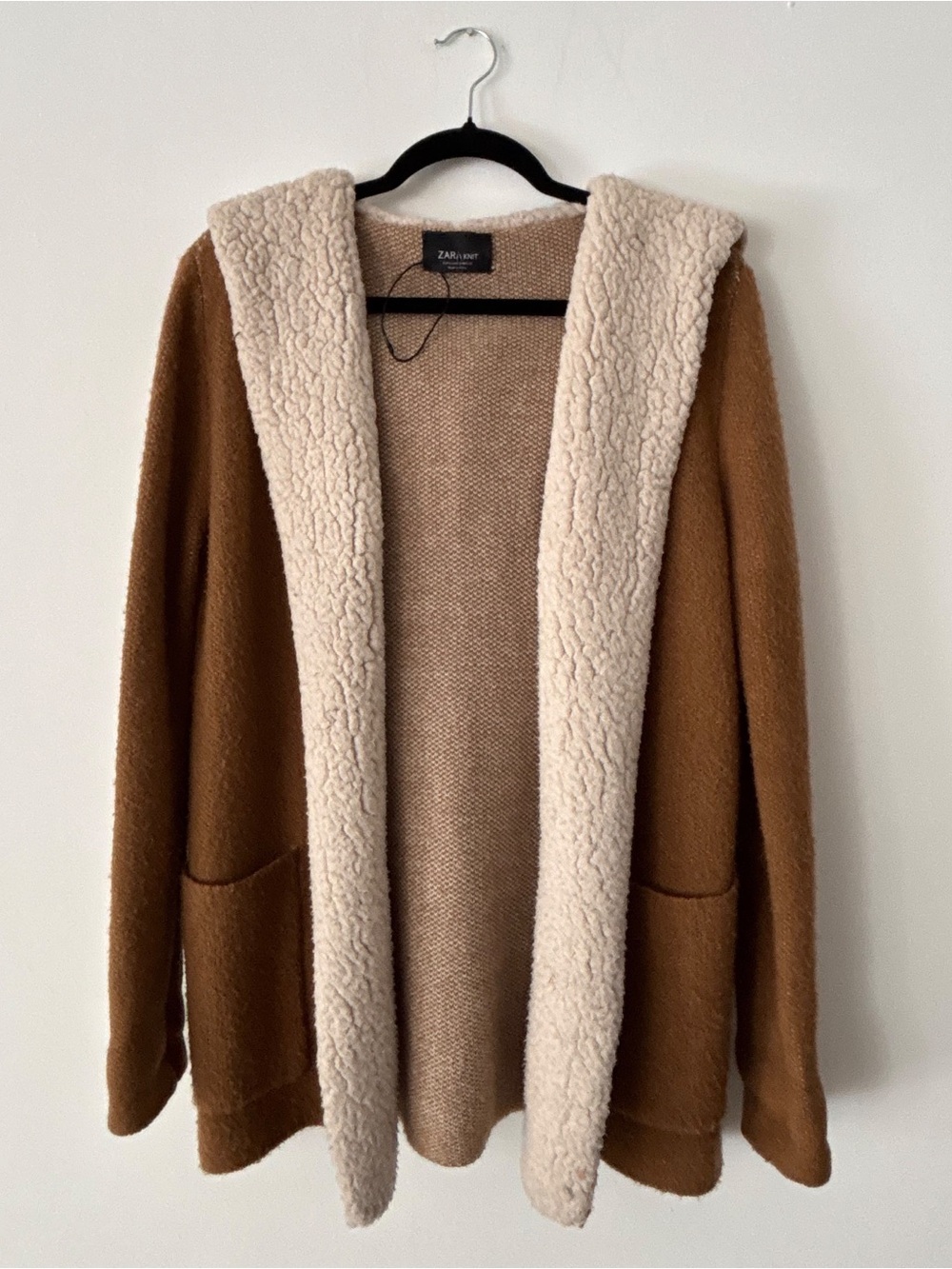 Zara Knit Womens S Camel Brown Sherpa Lined Hooded Open Front Cardigan NWOT